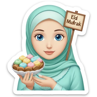 Turkish beautiful finish Konya girl blue eyes with mint hijab islamic dress and had on her hand text Eid Mubarak with sweets and celebrating with her friends eid days   sticker