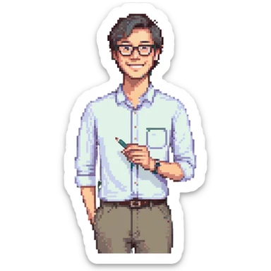 A cute and detailed emoji of a male teacher writing on a chalkboard. The teacher is smiling, wearing glasses, and dressed in a casual shirt and pants. He is holding a piece of chalk and writing something on the blackboard. sticker