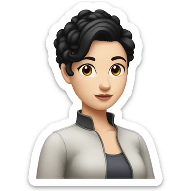 white girl with short black hair up to her neck with a heart in her hand sticker