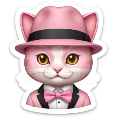 cute pink cat mafia boss with fedora hat and bow tie sticker