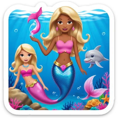 Brown skin blonde hair barbie mermaid with pink dolphin  sticker