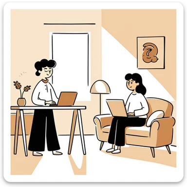 escenary 3d of a cozy mid-century living room with two people working on laptops, one man standing at a desk and one woman sitting on a couch, warm tones, two walls and floor visible sticker
