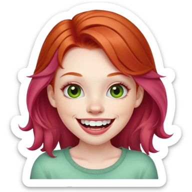 Young girl with pale skin, full pink lips smiling with big teeth, ginger red hair (not pink), big brown eyes with a hint of green, big mouth sticker