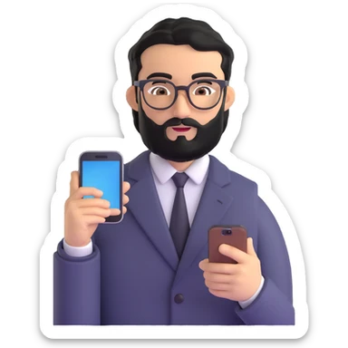 full body standing pose of same professional man with medium black beard, neat black hair, connected unibrow, olive tan skin, brown eyes, glasses, prominent nose, dressed in formal black jacket, with mobile phone sticker
