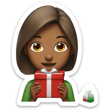 Woman with brown skin wrapping Christmas present sticker