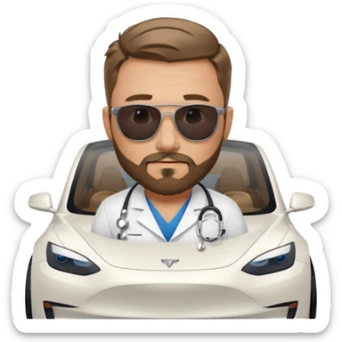 White tesla model 3 and one cool physician with dark blond hair, beard, stetoscope and dark sunglasses next to it sticker
