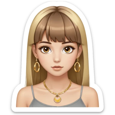 cute girl with brown hair, blonde highlights and straight bangs, long lashes and black eyes, shiny beautiful makeup and gold hoop earrings, with gold necklaces framing her collarbone and a gray cami top sticker