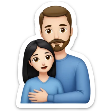 Tall white man with brown mustache and goatee hugging a short pale woman with long black hair sticker