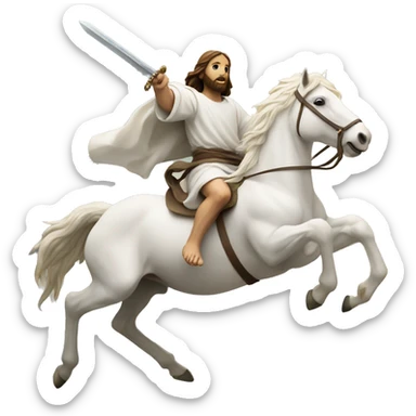 Jesus riding a flying white horse with a sword in hand sticker