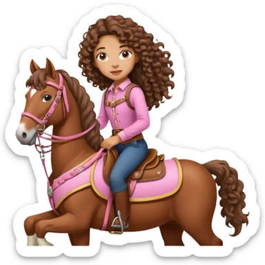 Realistic mixed race girl with long curly hair, riding a big draft horse, wearing pink harness and saddle  sticker