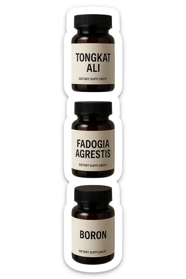 4 boccette di integratore: Tongkat Ali, Fadogia Agrestis, Boron e Zinco fluttuano in aria verticalmente sticker