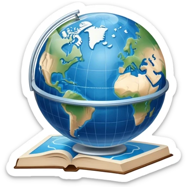 an icon featuring an earth with attitude and longitude lines, a textbook, and a topographic map, symbolizing geography as a science. The design includes a compass, mountain ranges, and rivers, representing the study of Earth's features and landscapes. Transparent background highlights geography. sticker