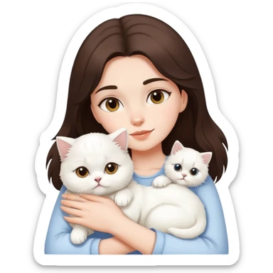 One brunette girl hugging white puppy and white persian cat sticker
