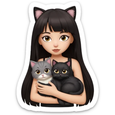 generate a pretty bratz girl in black cami top, dark brown straight long hair with bangs, eyeliner on, cuddling a cat sticker