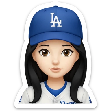 Can you make an emoji of a girl with fair skin with black long hair wearing an LA dodger hat sticker