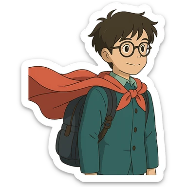 student with glasses and backpack, wearing a superhero cape sticker