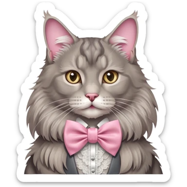 A grey Maine coon Neck Wearing a pink Rococo style Bow tie  ribbon sticker