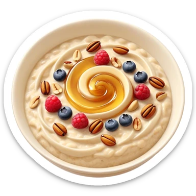 Cinematic creamy oatmeal, smooth texture with a swirl of honey on top, garnished with fresh berries and nuts, warm and comforting, cozy golden tones, rich and delicious. sticker