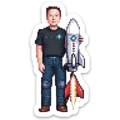 Elon Musk with a rocket in the background, pixelated design sticker