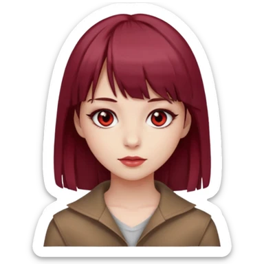 beautiful girl with maroon medium hair, straight bangs and red bando, red eyes and brown clothes sticker