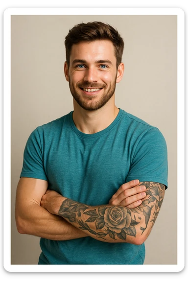 A young man, 25, with blue eyes, brown hair, short beard, visible tattoos on his left arm, arms crossed, smiling confidently. sticker