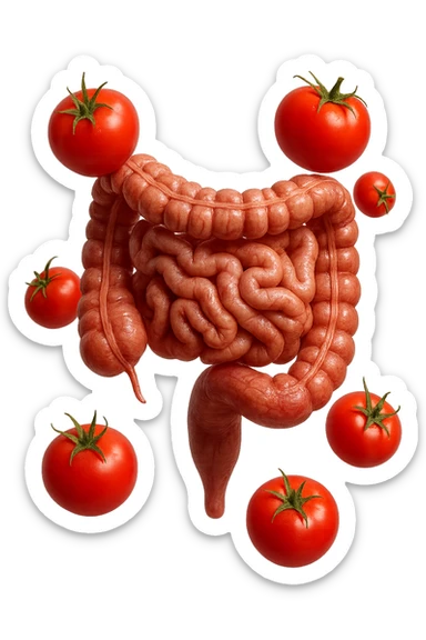 intestino umano anatomico con pomodori che gli fluttuano intorno, iperrealistico 4k sticker