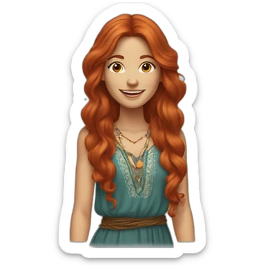 long hair redhead woman, smiling, wearing boho dress sticker