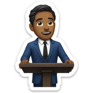 A man with dark hair and blue suit with black tie preaching behind pulpit sticker