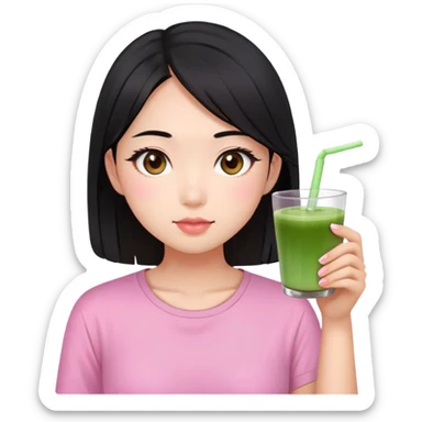 Asian girl, brown eyes, black hair, pink shirt and drinking matcha sticker