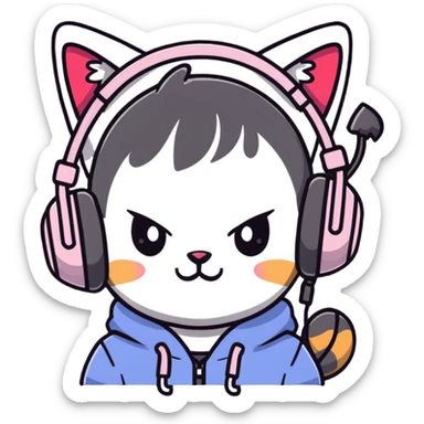 Cute anime style Japanese girl wearing colorful cat ear headphones sticker