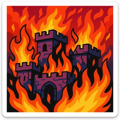 castle engulfed in flames, vibrant colors, dramatic scene sticker