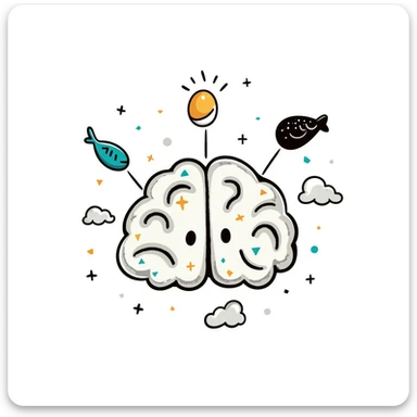 A crystalline brain with pieces of blue fish, egg yolk and fermented soy floating in a spiral around it. Thin light beams connect these foods to bright points on the brain, dissipating mental fog and creating clarity. sticker