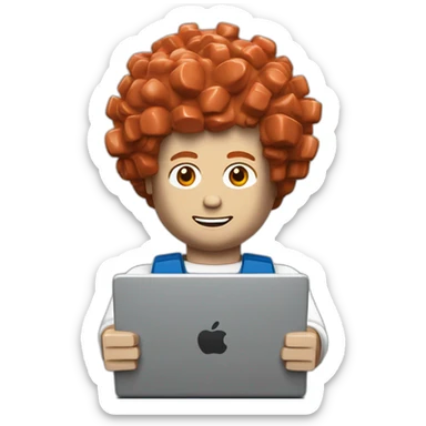 lego man with red curly lego hair, holding a laptop sticker