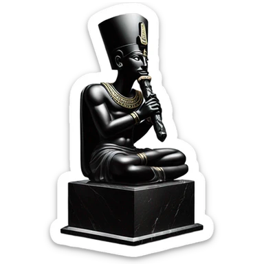 Osiris crook and flail obsidian statue on granite 30 ton brick, massive size, sunlight behind, sunset colors, reflections on black stone polished clean perfect, photography angles sticker