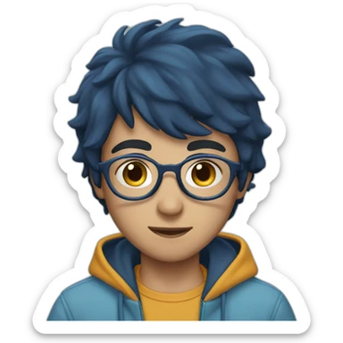 Boy, middle hair, dark blue hair, light blue hoodie, glasses sticker