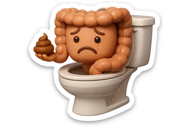 emoji stile iphone di un intestino realistico 3d che esce dal wc con in mano una montagnetta di feci con espressione triste a palline, iperrealistico 4k sticker