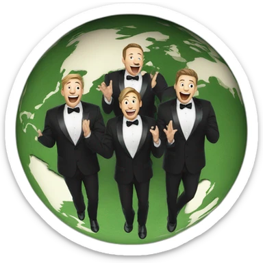 3 white men in tuxedo laughing with their palms raised behind a miniature earth on the ground sticker