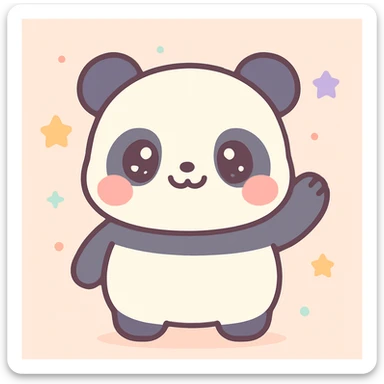 kawaii style chubby panda waving, blushing cheeks, pastel background sticker