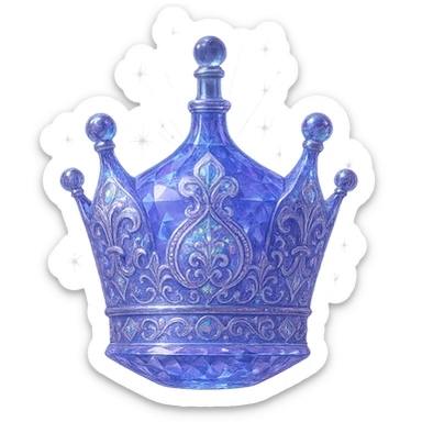 išskirtinai prabangus eliksyro buteliukas, karūnos forma, spalva #7986cb, daugiasluoksniai holografiniai ir sidabriniai ornamentai, kristalo tekstūra, daug magiškų švytėjimų ir žėrėjimo, šviesos spinduliai, labai mažas kaklelis, dailus vientisas dugnas, skaidrus fonas, buteliukas aiškiai plūduriuoja ore, be pagrindo ar šešėlio, nestovi, modernus, kolekcijai tinkamas, ypatingai gražus sticker