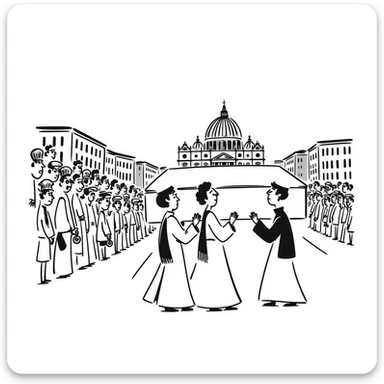 A respectful drawing of a papal funeral procession at Vatican City with cardinals, the papal coffin, and St. Peter's Square filled with mourners sticker