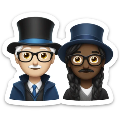 man with white skin, black longer and straight hair, mustache, glasses, with a magic hat, ravenclaw sticker