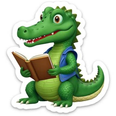 A claymation-style academic alligator with a book. The background is a solid white circle sticker