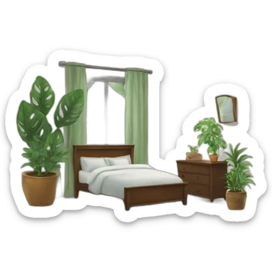 a men bedroom with an mirror and a plant sticker