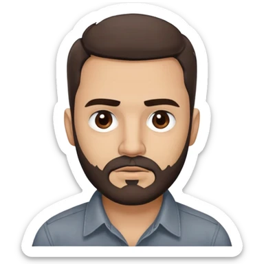 Puerto Rican actor René Monclova with round face, wide jaw, light skin. Expressive dark brown eyes, thick eyebrows. Short brown hair with receding hairline. Messy beard, brown with some gray patches. Wearing a dark button-down shirt. sticker