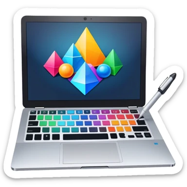 Professional icon for Graphic Design: a laptop with Photoshop open on the screen, displaying geometric shapes like spheres, cubes, and pyramids, along with a stylus. The icon should reflect the creative process in graphic design. Transparent background. sticker