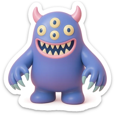 terrifying monster with multiple eyes, long claws, menacing grin, deep purple and black colors, vinyl figure style sticker