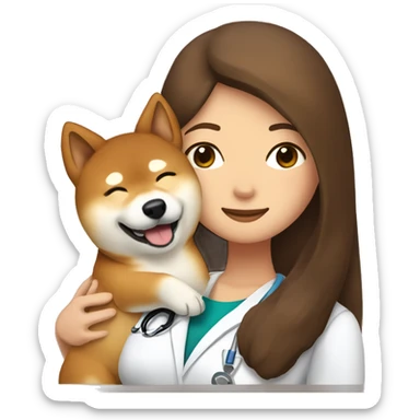 Shiba Inu cuddles a doctor woman with long brown hair sticker
