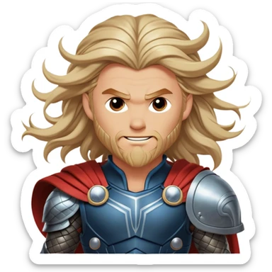Cinematic Realistic Thor Portrait, head tilted dramatically with an exaggeratedly amused expression, featuring dynamic, flowing hair and eyes twinkling with playful mischief. His intricately rendered armor and the vibrant interplay of natural light evoke a rare glimpse of joviality from the god of thunder, capturing both his strength and his down-to-earth charm. sticker