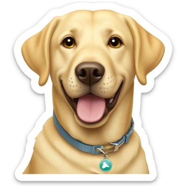 Yellow lab smiling with collar that says BUZZ sticker