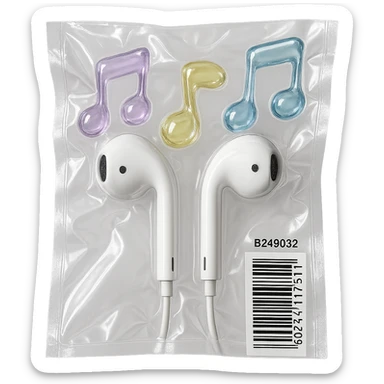 pair of white EarPods with three floating glass music notes in pastel colors, shiny and puffy, vacuum-sealed style sticker